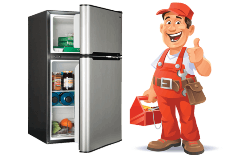 a cartoon of a plumber holding a toolbox next to a refrigerator